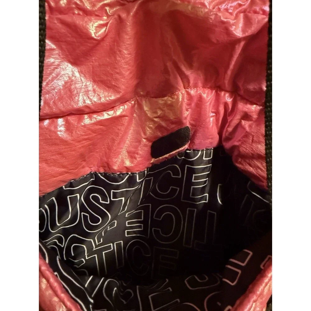 Justice Shiny Pink Quilted Tote with Black & Silver Straps EUC